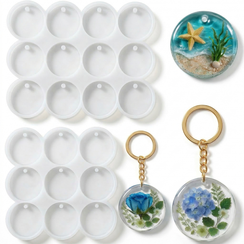 Serving Tray Mold - 2つの樹脂キーホルダー型、3.3センチと4.6センチの平らな円形シリコン型、穴付き、樹脂鋳造用、非常に適しています。