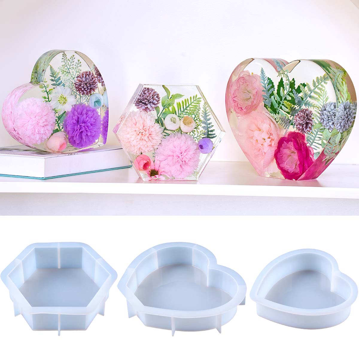 Flower Preservation Resin - 大型愛シリコンモールド DIY ハート六角形エポキシ樹脂モールド花保存ブックエンド装飾品クラフト鋳造金型