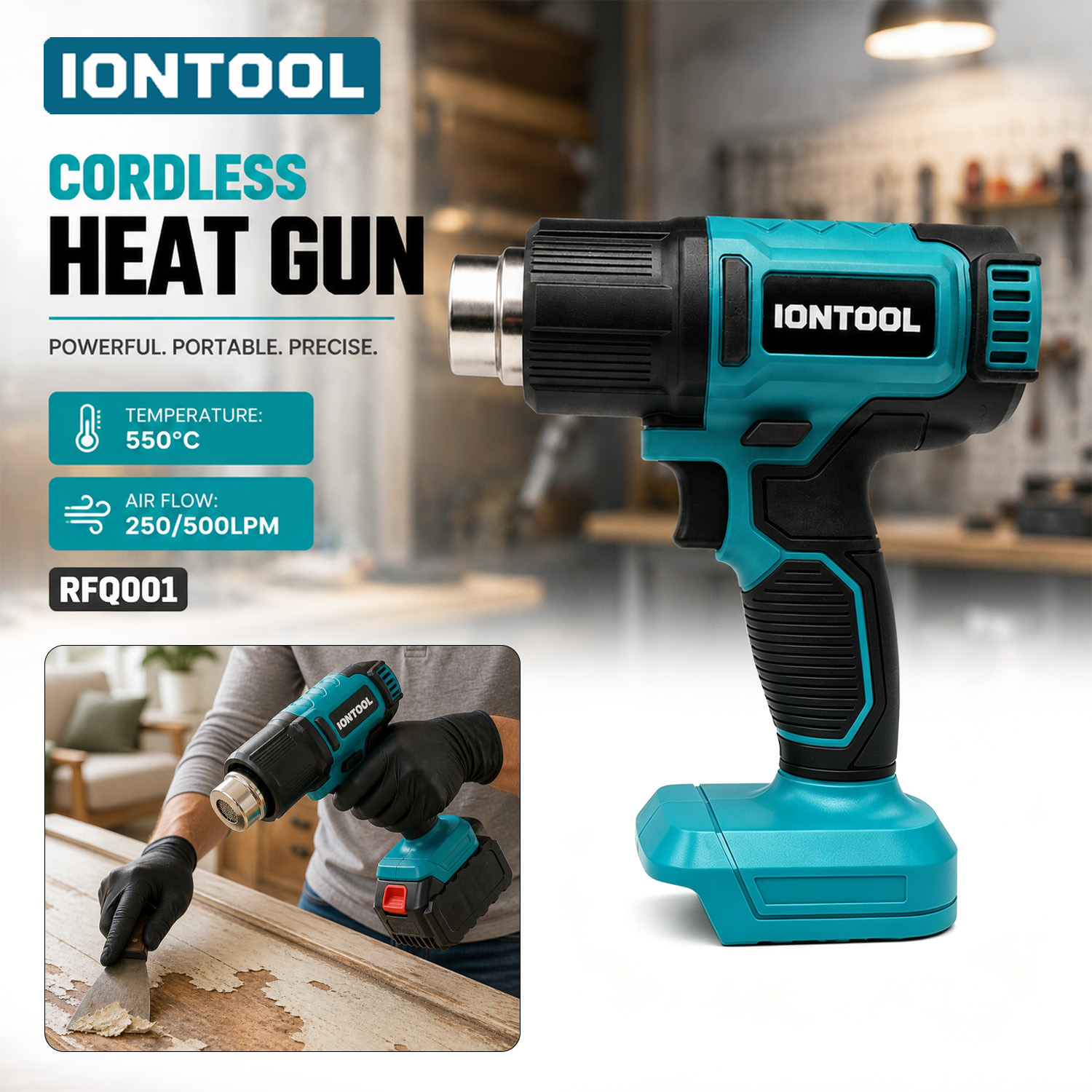 Heat Gun Small - IONTOOL ポータブルコードレスホットエアガン 550 ℃ 250‑500LPM ベアユニット、家庭でのDIYクラフトや材料の加熱作業用